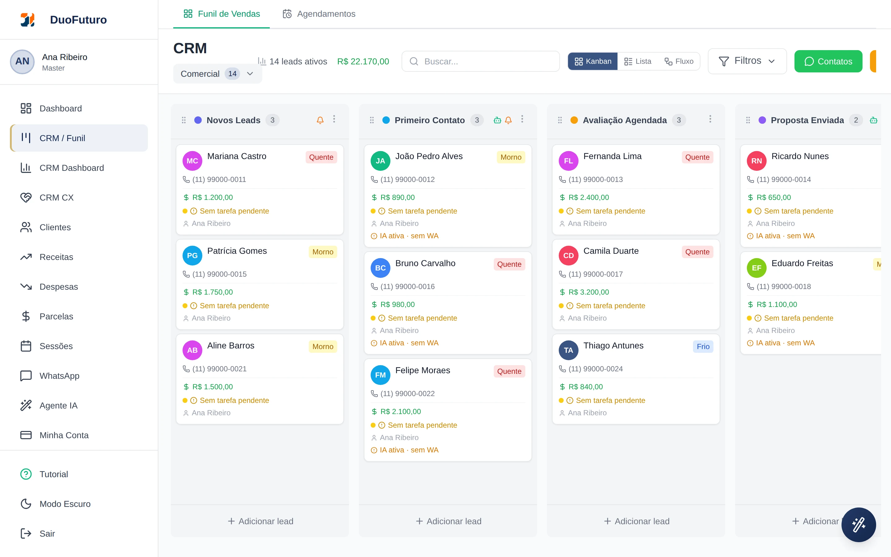Funil de vendas do CRM com colunas de estágios, leads com valor potencial e agente IA ativo